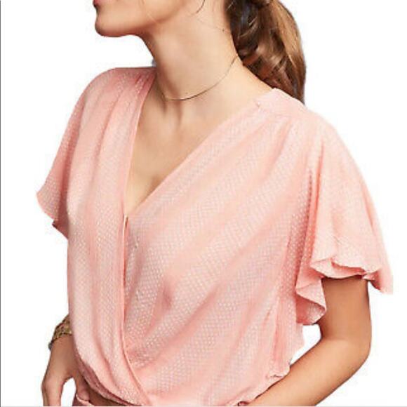 Anthropologie Maeve Nell Pink Dot Surplice Flutter Crop Blouse Size Medium - Picture 1 of 12